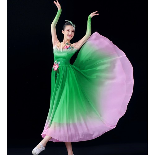 Green with Pink Chinese Folk Classical dance Costumes For Women Girls Wing Ho Yangge Fan Umbrella clothing Modern Dance Dresses for female